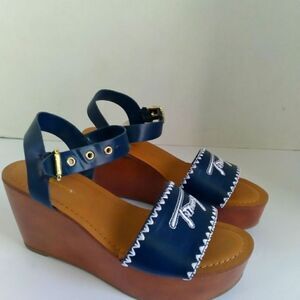 Nautical Navy‎ Blue Platform Sandals with White Stitching and Wooden Wedge Heel